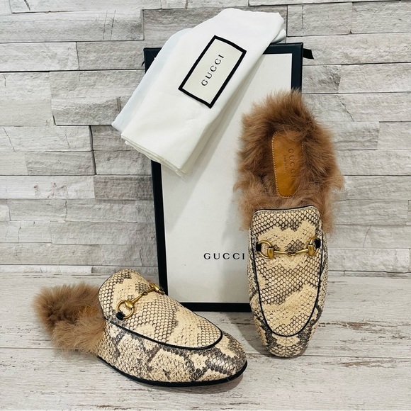 Gucci Princetown Python Fur Slipper EU 38 US 8 Horsebit Mule Loafer Flats Beige - Picture 12 of 16